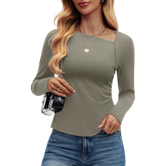 Tops - Women's Asymmetrical Neck Long Sleeve Shirt Slim Fit Trendy Going Out Tops